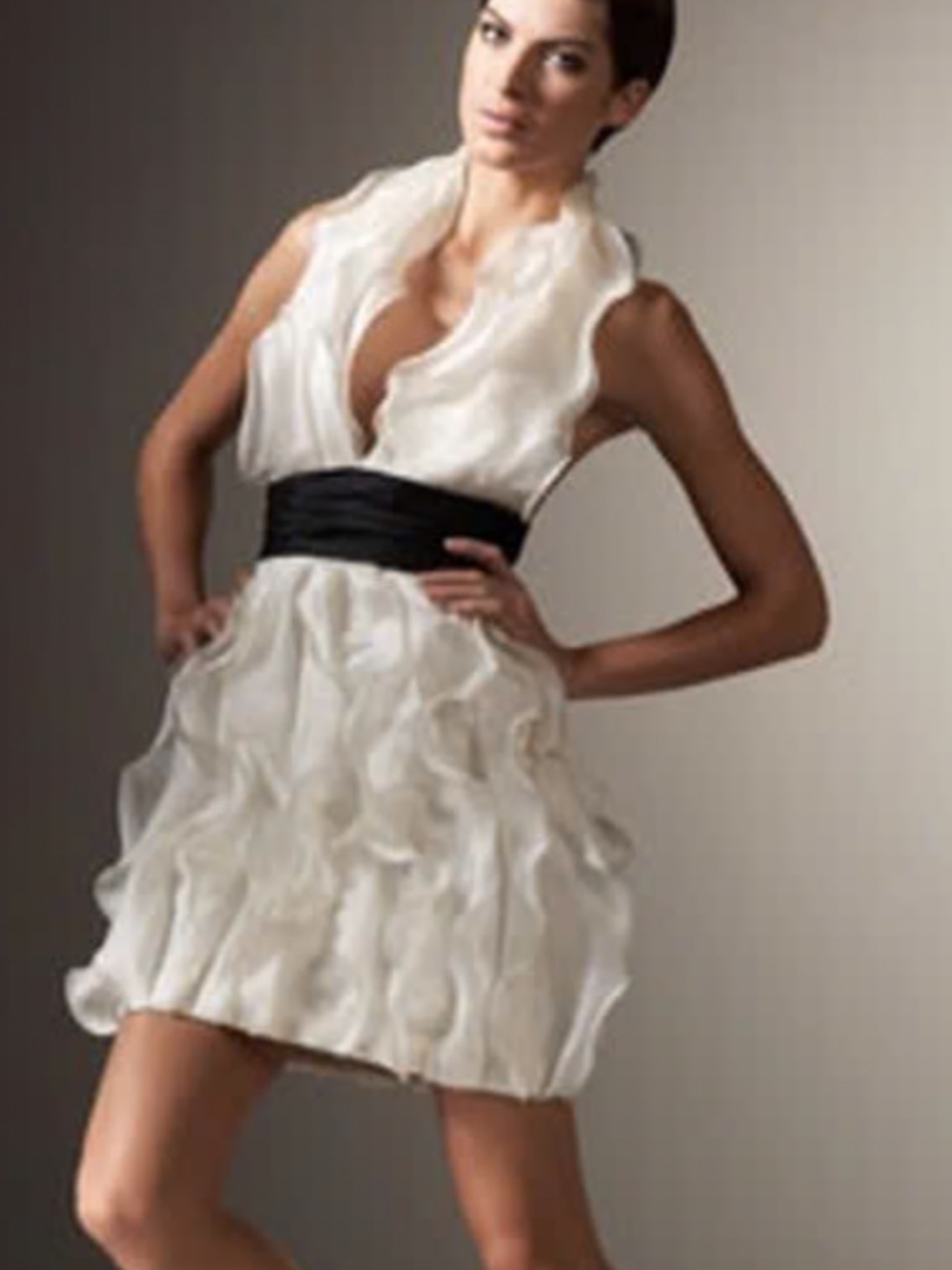Elegant White Ruffle Cocktail Dress with Black Waistband. size 12.